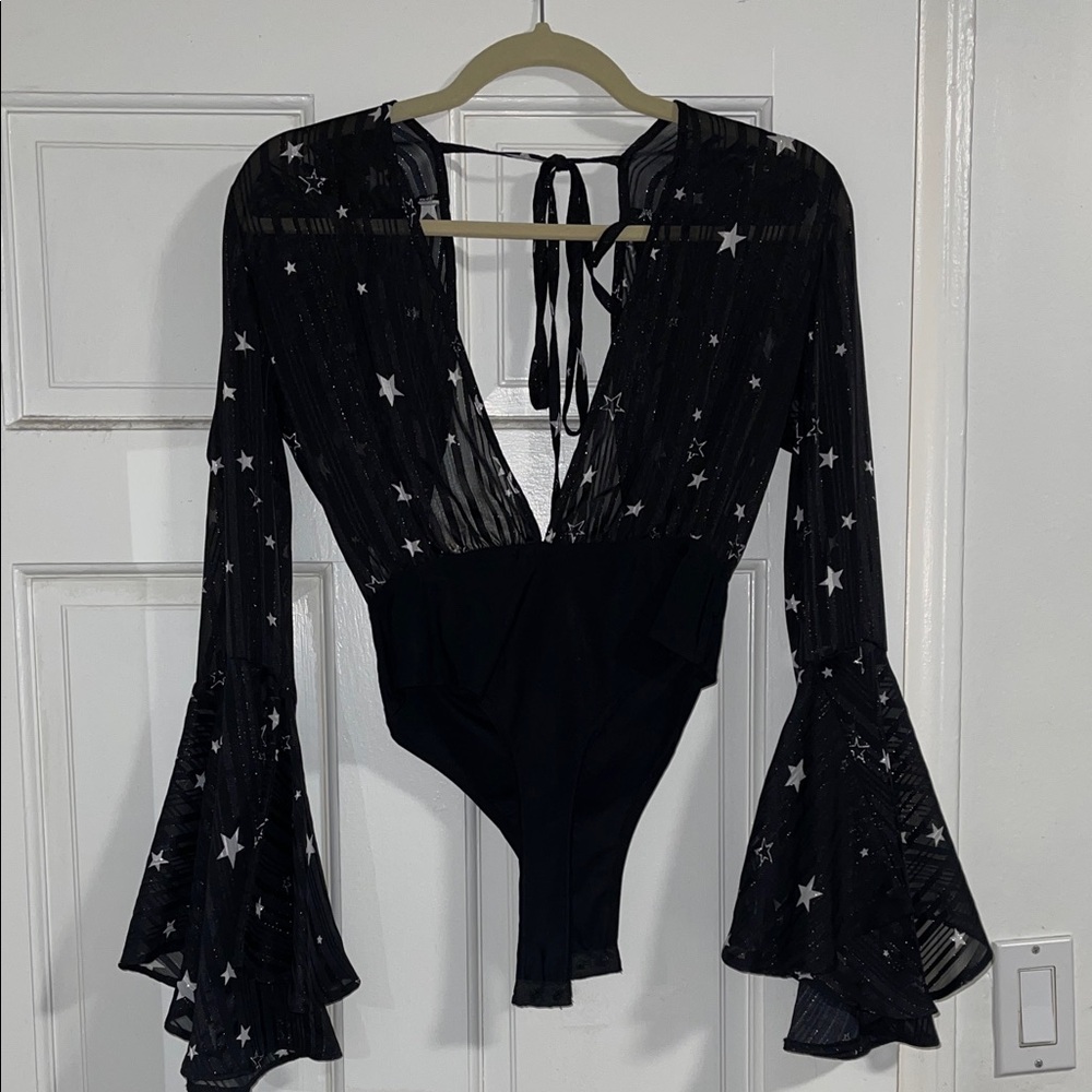 Black Star Print Sheer Bell Sleeve Bodysuit
